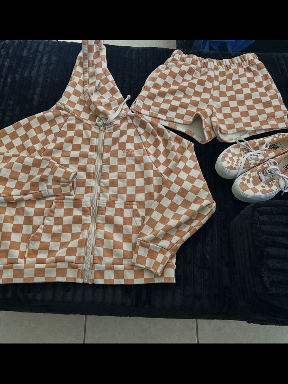 Vans Tan & White Checkerboard Hoodie, Shorts & Sneakers Set